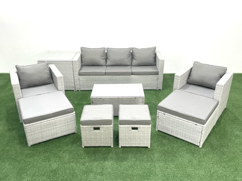 Fimous 9 Pieces Rattan Garden Furniture Set Outdoor Garden Sofa Chair Coffee Table Set with Side Table 4 Footstools Light Grey Mixed