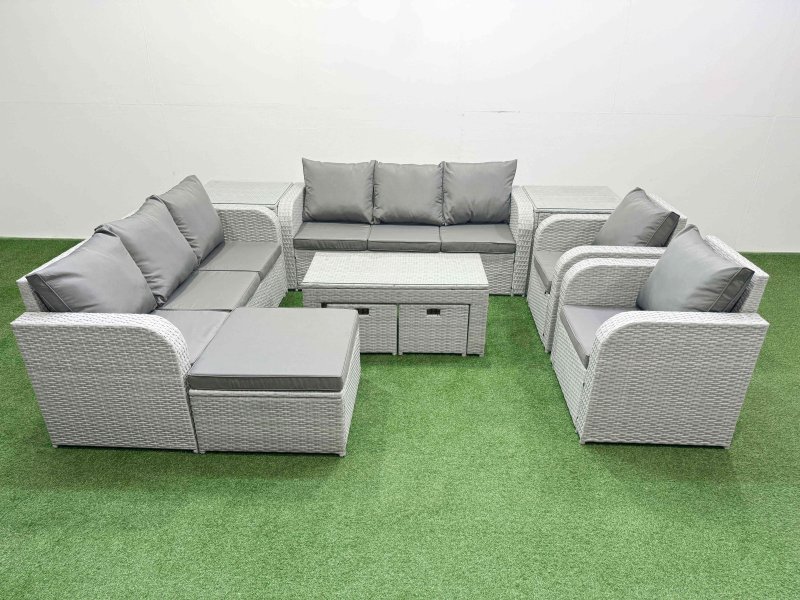 Fimous PE Rattan High Back Lounge Sofa Set Patio Oblong Coffee Table & Chairs Set with 3 Seater Sofa Reclining Chair 3 Stools 2 Side Table Light Grey