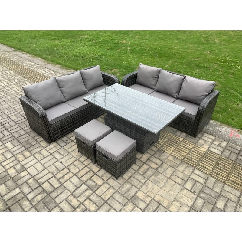 Fimous 8 Seater Outdoor Rattan Garden Furniture Sets Height Adjustable Rising lifting Dining Table Sofa Set with 2 Small Footstools Dark Grey Mixed