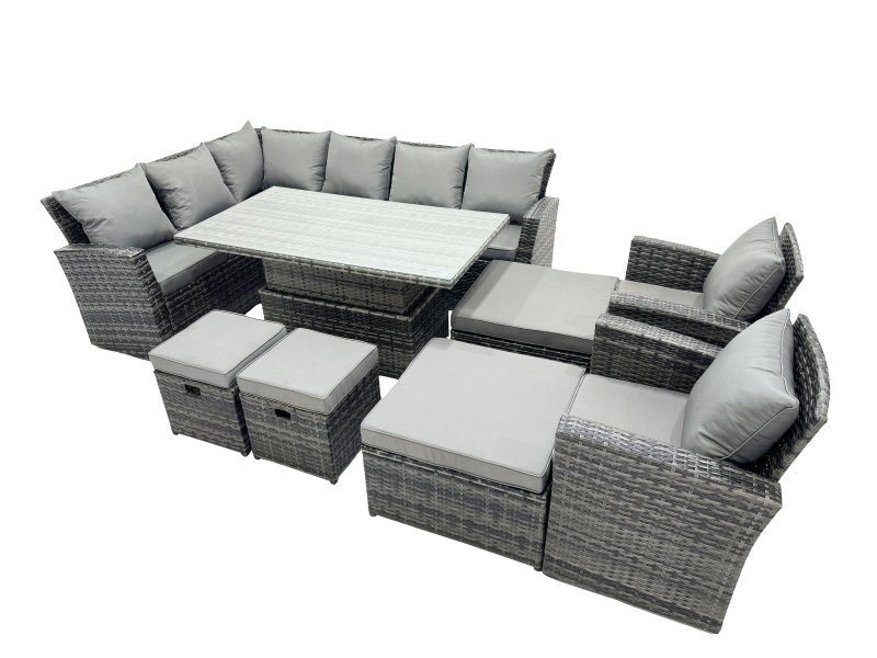 Fimous Poly Rattan Outdoor Patio Height Adjustable Rising Lifting Table Corner Sofa Set with 4 Stool,2 Chairs for Garden Backyard Dark Grey Mixed