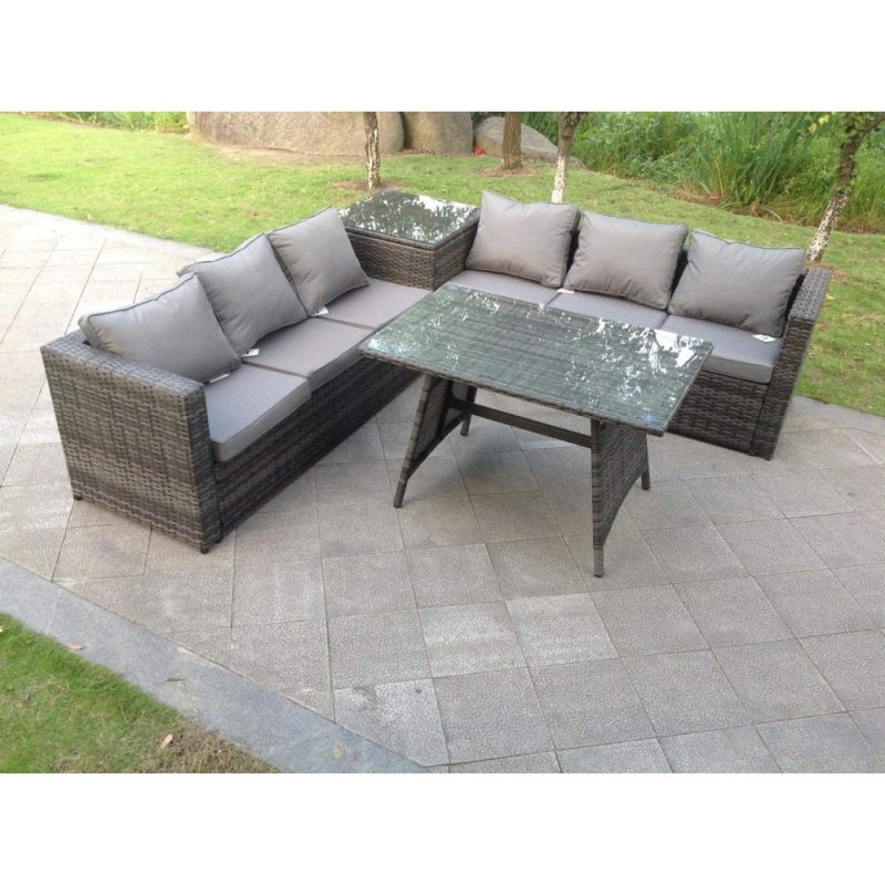 Fimous 6 Seater Grey Rattan Sofa Dining Set 2 Tables Garden Furniture Outdoor