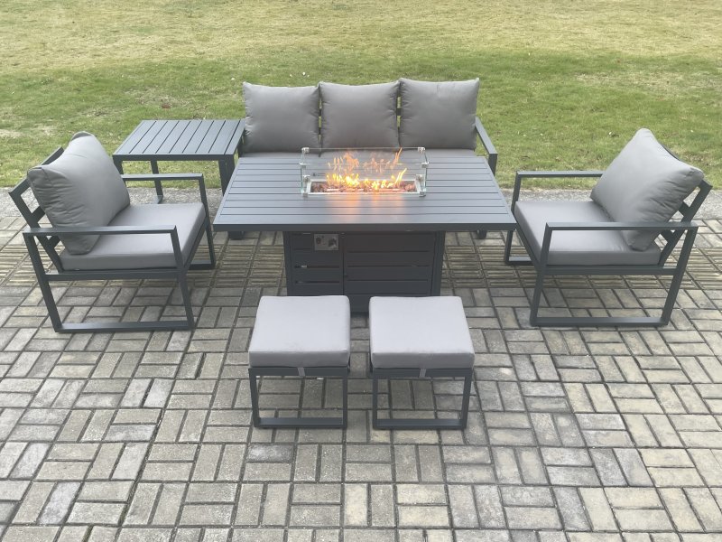 Fimous Aluminium Patio Outdoor Garden Furniture Lounge Sofa Set Gas Fire Pit Dining Table with Side Table 2 Small Footstools Dark Grey