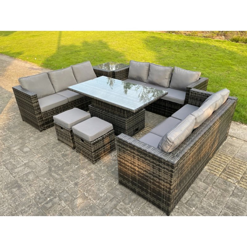 Fimous 11 Seater?Outdoor Rattan Sofa Set Lounge Adjustable Rising Lifting Side Tables Chairs Footstool Dark Grey Mixed