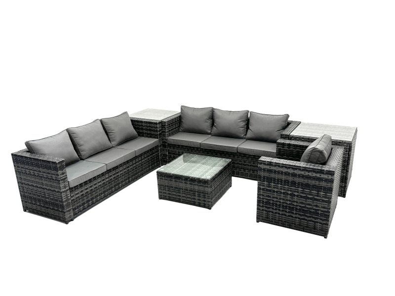 Fimous Outdoor Rattan Garden Furniture Set 7 Seater Patio Lounge Sofa Set with Armchair Square Coffee Table Side Table Dark Grey Mixed