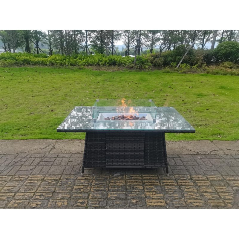 Fimous Outdoor Rattan Garden Corner Furniture Gas Fire Pit Dining Table Gas Heater Sets Lounge Chairs Side Coffee Table Dark Grey 8 Seater