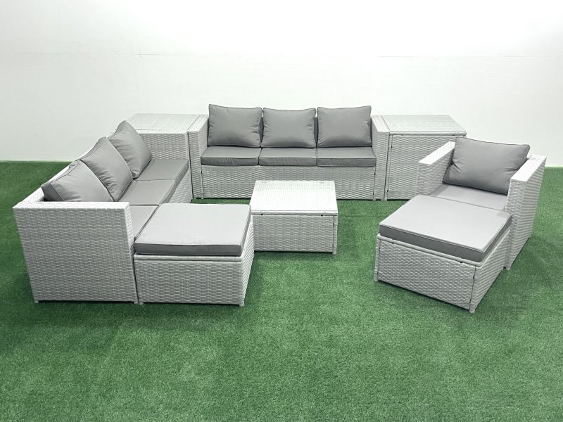 Fimous Wicker PE Rattan Sofa Garden Furniture Set with Armchair Square Coffee Table 2 Big Footstools 2 Side Tables Light Grey Mixed