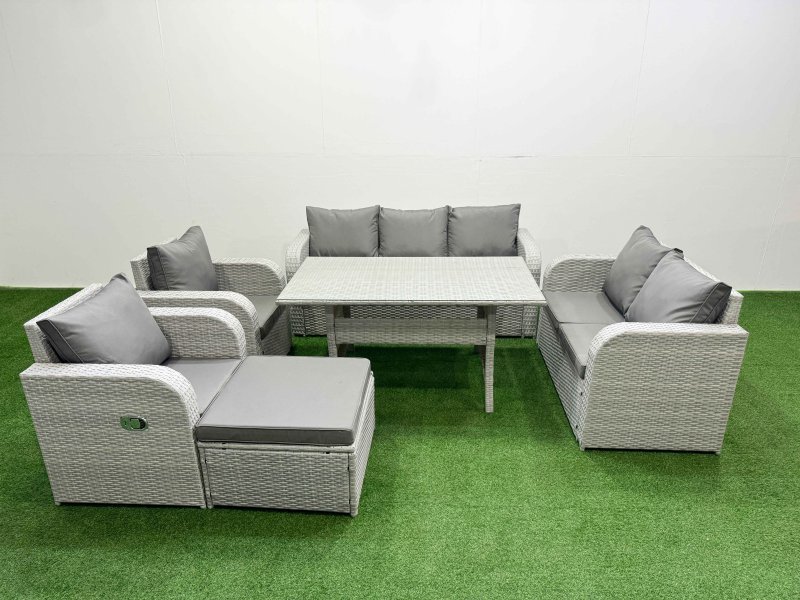 Fimous PE Rattan Garden Furniture Set Reclining Chair Sofa Double Love Seat 2 Seater Sofa Lounge Set Rectangular Dining Table Big Footstool Light Grey