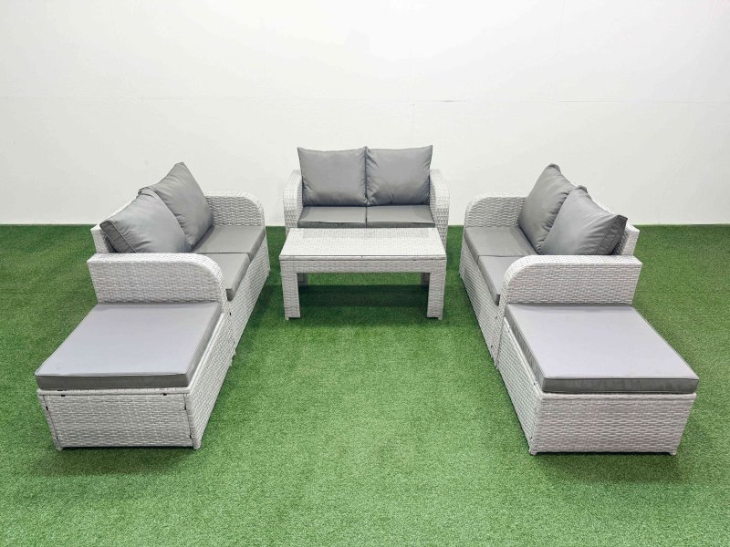Fimous 8 Seater PE Wicker Rattan Furniture Sofa Sets with Oblong Coffee Table 2 Seater Love Sofa 2 Big Footstool Light Grey