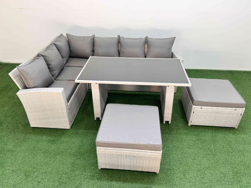 Fimous 8 Seater Wicker Rattan Corner Sofa Sets Outdoor Garden Furniture Sets with Rectangular Dining Table Lounge Sofa 2 Big Footstool Light Grey