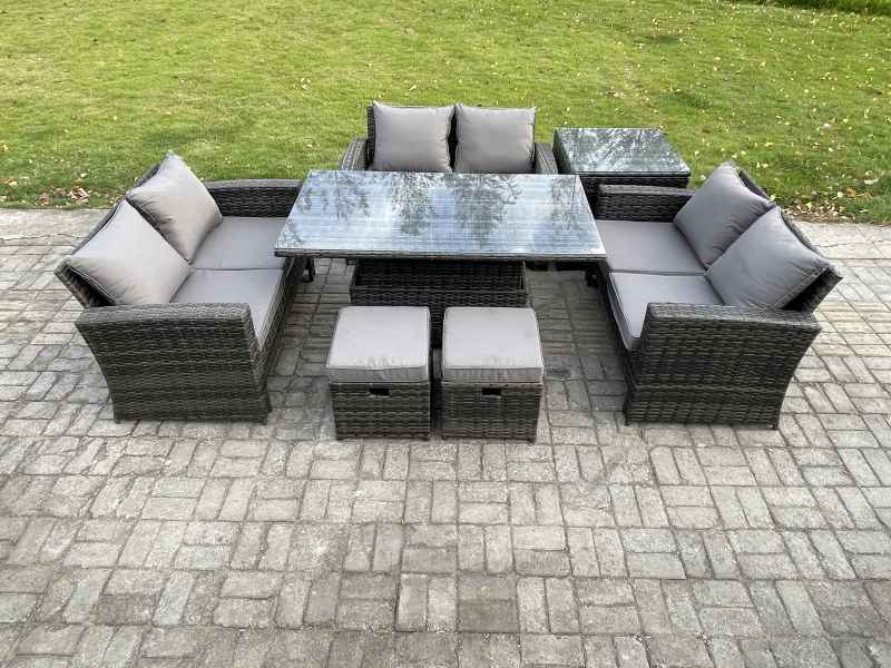 Fimous 7 pieces Outdoor Lounge Sofa Set Wicker PE Rattan Garden Furniture Set with Rising Lifting Table Double Seat Sofa Side Table 2 Small Footstools Dark Grey Mixed