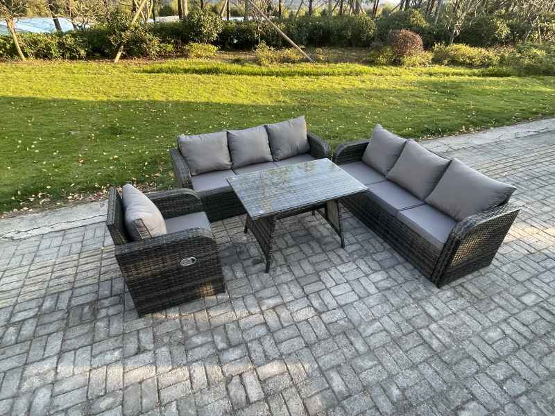 Fimous Outdoor Lounge Sofa Set Wicker PE Rattan Garden Furniture Set with Rectangular Dining Table Reclining Chair Dark Grey Mixed