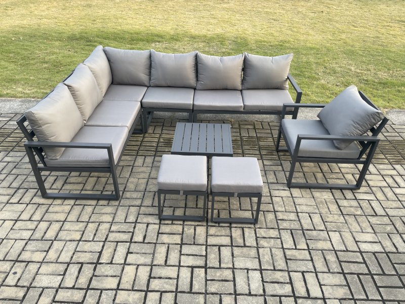 Fimous 9 Seater Aluminium Garden Furniture Set Outdoor Lounge Corner Sofa Chair Square Coffee Table Sets with 2 Small Footstools Dark Grey