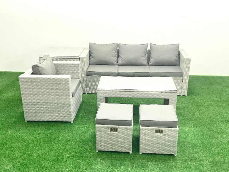 Fimous Rattan Garden Furniture Set Outdoor Lounger Sofa with Coffee Table 2 Small Footstools Light Grey Mixed 6 Seater