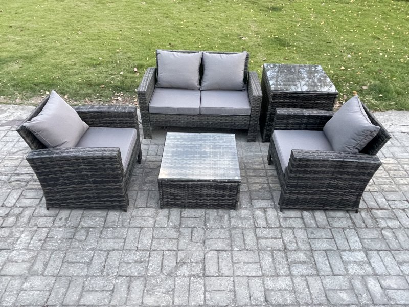 Fimous Outdoor Lounge Sofa Set Wicker PE Rattan Garden Furniture Set with Armchair Square Coffee Table Double Seat Sofa Side Table Dark Grey Mixed