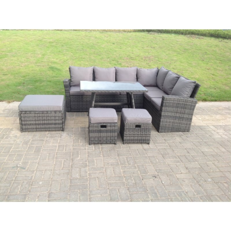 Fimous 9 Seater High Back Rattan Garden Furniture Set Corner Sofa With Oblong Dining Table Big And Small Stool