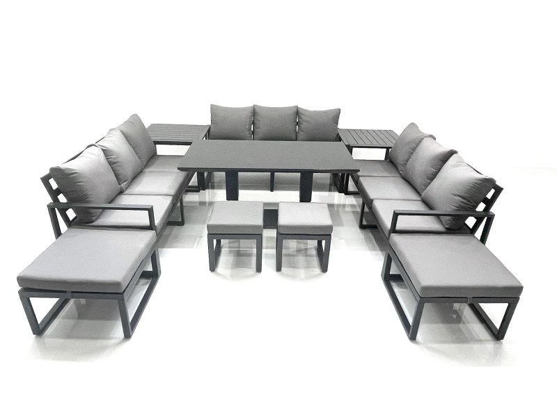 Fimous 13 Seater Garden Sofa Set Aluminium Furniture Rising Dining Tabe Set with 2 Side Tables 4 Footstools Dark Grey