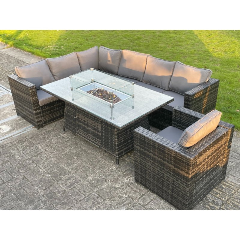 Fimous Outdoor Corner Rattan Garden Furniture Set Gas Fire Pit Table Sets Gas Heater Lounge Chair Dark Grey 7 Seater