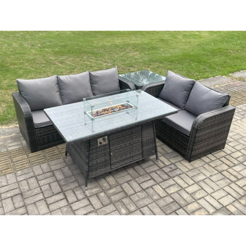 Fimous Rattan Garden Furniture Set with Gas Fire Pit Table,Side Table 4 Pieces Outdoor Lounge Sofa Set Dark Grey Mixed