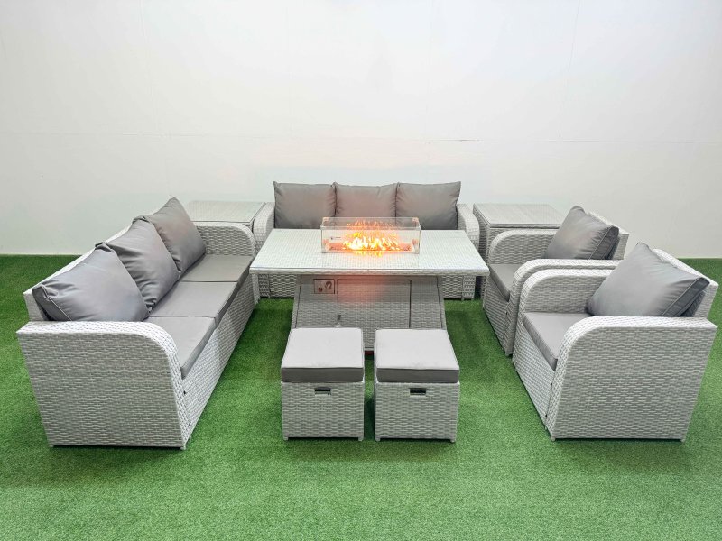Fimous PE Rattan High Back Lounge Sofa Set Patio Firepit Dining Table & Chairs Set with 3 Seater Sofa Reclining Chair Stools 2 Side Table Light Grey