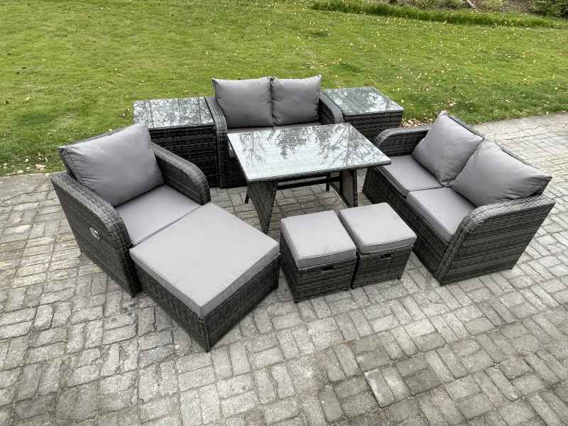 Fimous 8 Seater Outdoor Garden Dining Sets Rattan Furniture With Dining Table Armchairs Love Sofa 3 Footstools 2 Side Tables Dark Grey Mixed