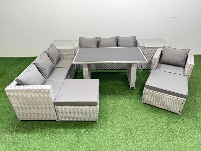 Fimous Patio Garden Furniture Sets with Black Glass Top Dining Table 3 Seater Sofa Armchair 2 Side Tables 2 Big Stool Light Grey