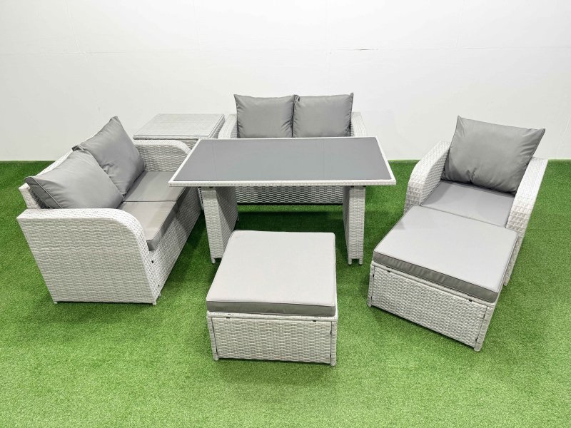 Fimous Rattan Sofa Outdoor Furniture with Dining Table,Side Table,Love Sofa,2 Big Stools Patio Furniture Light Grey 7 Seater