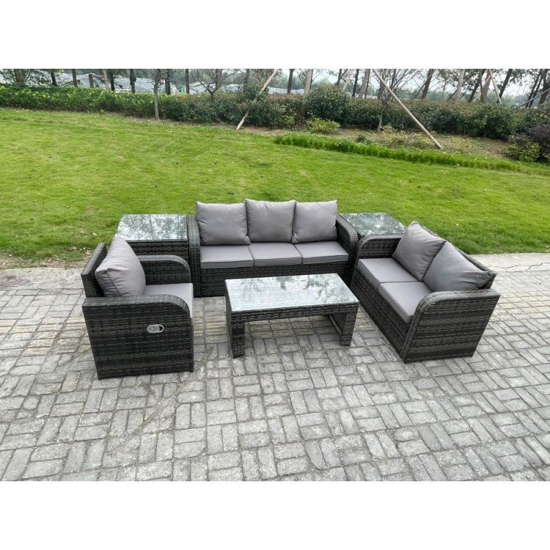 Fimous 6 Seater High Back Rattan Garden Furniture Set with Loveseat Sofa Rectangular Coffee Table 2 Side Tables Indoor Outdoor Patio Lounge Sofa Set Dark Grey Mixed