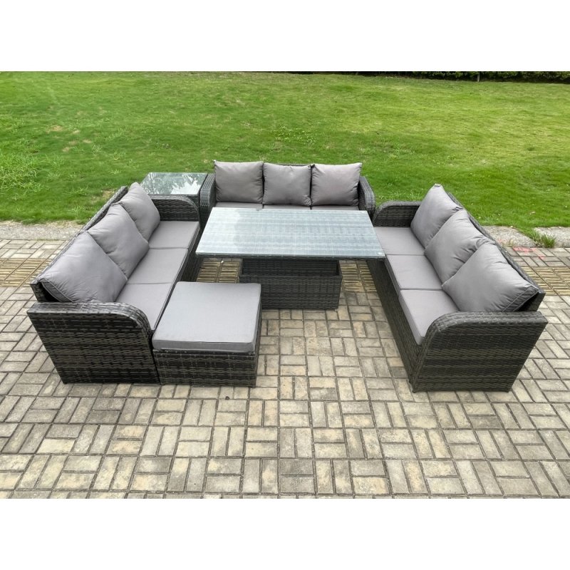 Fimous Patio Garden Dining Set Outdoor Rattan Furniture Lounge Sofa Height Adjustable Rising lifting Table With Side Table Big Footstool Dark Grey Mixed