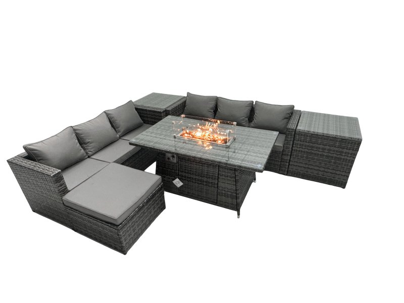 Fimous Rattan Garden Furniture Firepit Dining Set 7 Seater Lounge Sofa Table Set with 2 Side Tables Footstool
