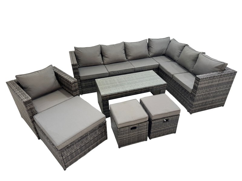 Fimous Outdoor Rattan Oblong Coffee Table Corner Sofa Sets Garden Furniture Set with Chair 3 Stool Dark Grey Mixed