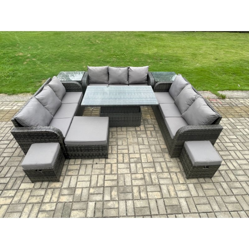 Fimous 12 Seater Garden Dining Sets Outdoor Rattan Furniture Lounge Sofa Height Adjustable Rising lifting Table With 2 Side Tables 3 Footstools Dark Grey Mixed