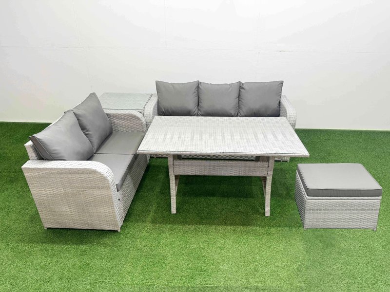 Fimous 6 Seater PE Rattan Wicker Garden Furniture Patio Conservatory Sofa Set with Rectangular Dining Table 3 Seater Sofa Love Sofa Big Footstool Side Table