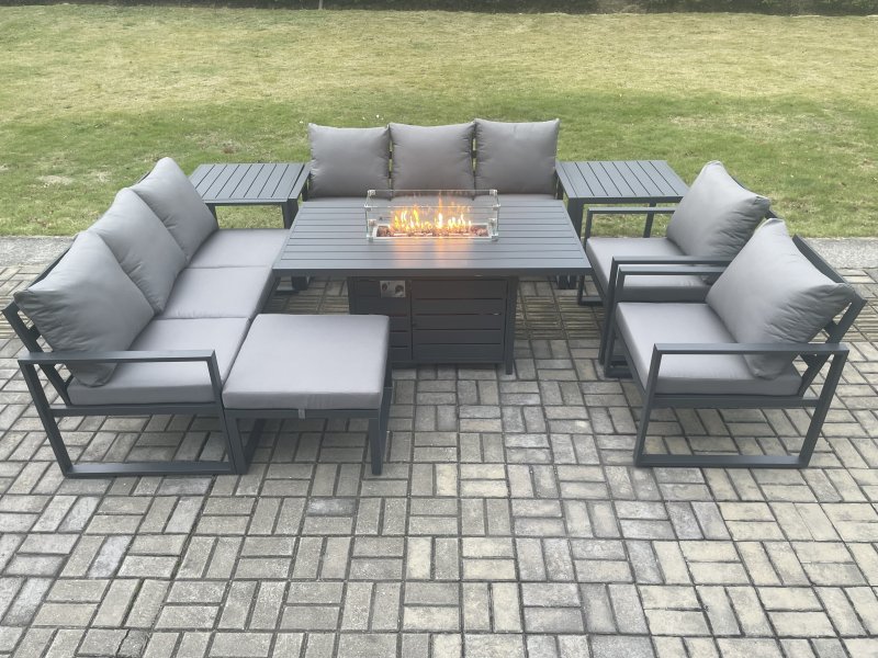 Fimous Aluminium Outdoor Garden Furniture Set Patio Lounge Sofa Gas Fire Pit Dining Table Set with Big Footstool 2 Side Tables Dark Grey