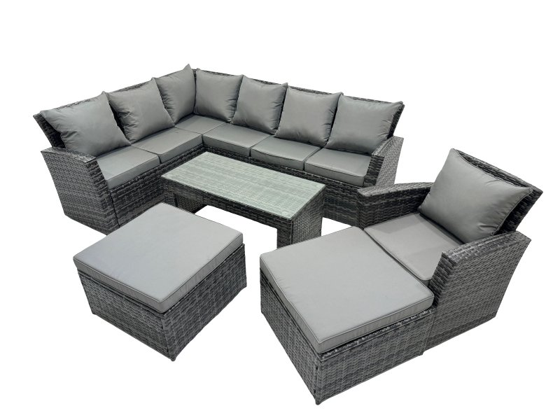 Fimous 9 Seat Poly Rattan Outdoor Patio Oblong Coffee Table Corner Sofa Set with 2 Big Stool Chair for Garden Backyard Dark Grey Mixed