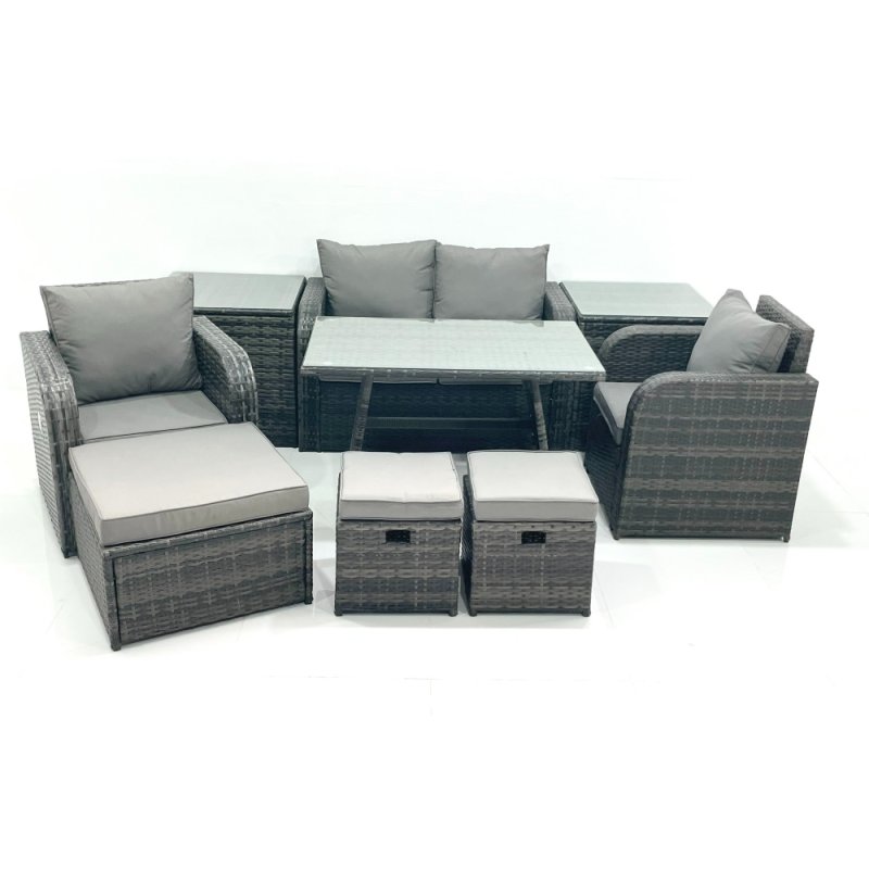 Fimous Outdoor Garden Furniture Set Rattan Sofa Dining Table Set with Reclining Chair 3 Footstool 2 Side Table Dark Grey Mixed
