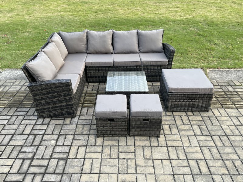Fimous Rattan Garden Furniture Set Outdoor Lounge Corner Sofa Set With Square Coffee Table 3 Footstools 9 Seater Dark Grey Mixed