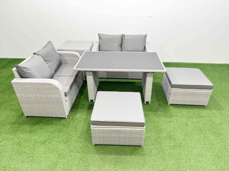 Fimous 6 Pieces Outdoor PE Rattan Sofa Set Patio Garden Furniture Sets with Cushions Side Table 2 Big Stools Light Grey