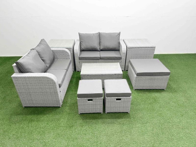 Fimous 7 Seater Outdoor Love Sofa Set Rattan Garden Furniture Set with Rectangular Coffee Table 3 Footstool 2 Side Tables Light Grey