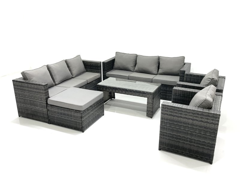 Fimous Rattan Garden Furniture Sofa Set with Coffee table Armchair Big Footstool Dark Grey Mixed