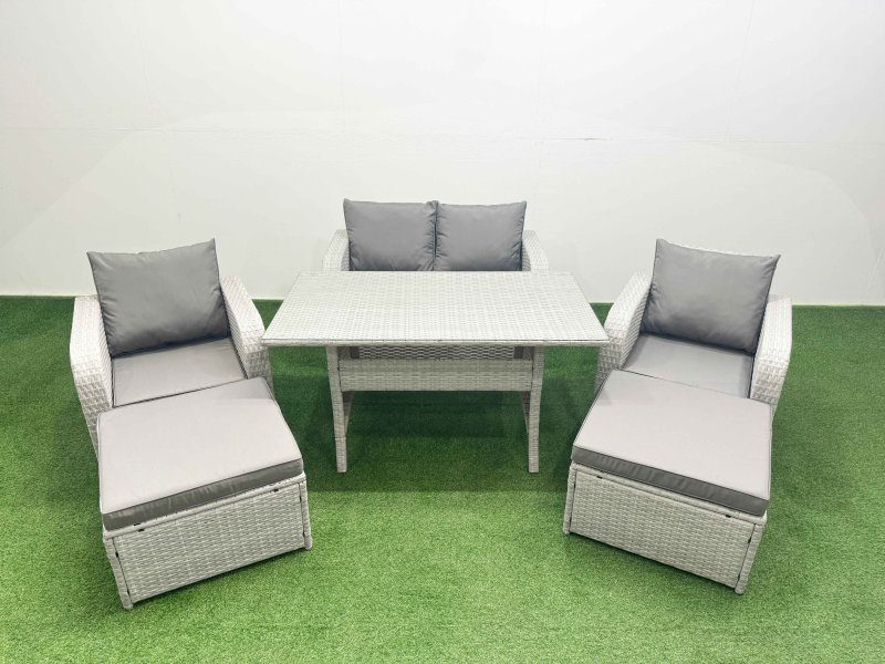 Fimous Light Grey PE Wicker Rattan Garden Furniture Set Sofa Set Reclining Chair Rectangular Dining Table 6 Seater 2 Big Stools