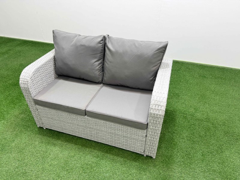 Fimous Light Grey PE Wicker Rattan Garden Furniture Set Sofa Set Reclining Chair Firepit Dining Table 7 Seater 3 Stools