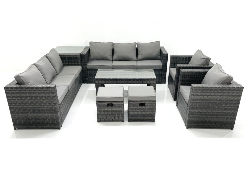 Fimous Rattan Garden Furniture Sofa Set with Coffee table Armchair Side Table 2 Small Footstools Dark Grey Mixed