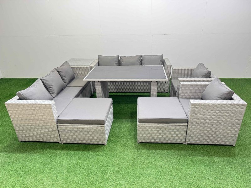 Fimous 10 Seater Wicker PE Rattan Furniture Outdoor Dining Table 3 Seater Sofa Armchair Set with Side Table 2 Big Stools Light Grey