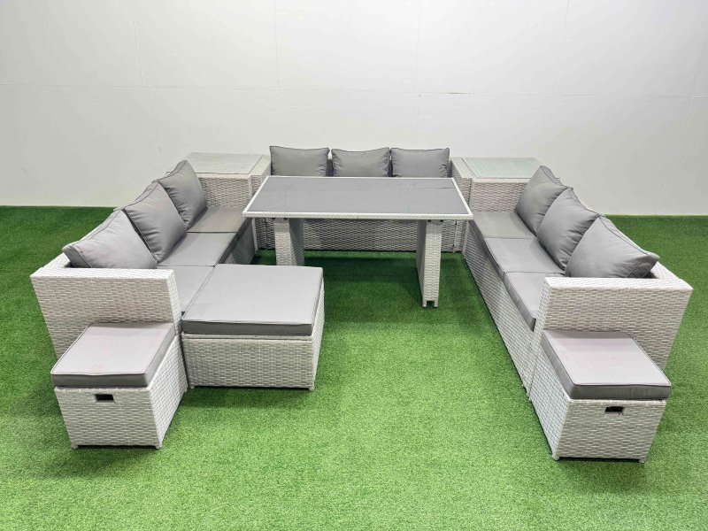 Fimous Patio Outdoor Garden Furniture Sets with Black Glass Top Dining Table 3 Seater Sofa 2 Side Tables 3 Stool Light Grey