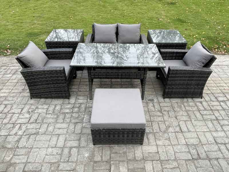 Fimous 5 Seater PE Wicker Outdoor Garden Furniture Set Patio Furniture Rattan Rectangular Dining Table Lounge Sofa with 2 Side Tables Big Footstool