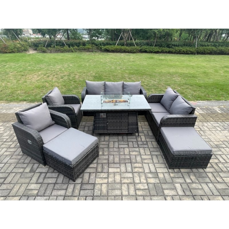 Fimous Garden Patio Furniture Wicker Rattan Gas Fire Pit Table and Sofa Chair set with 2 Big Footstool