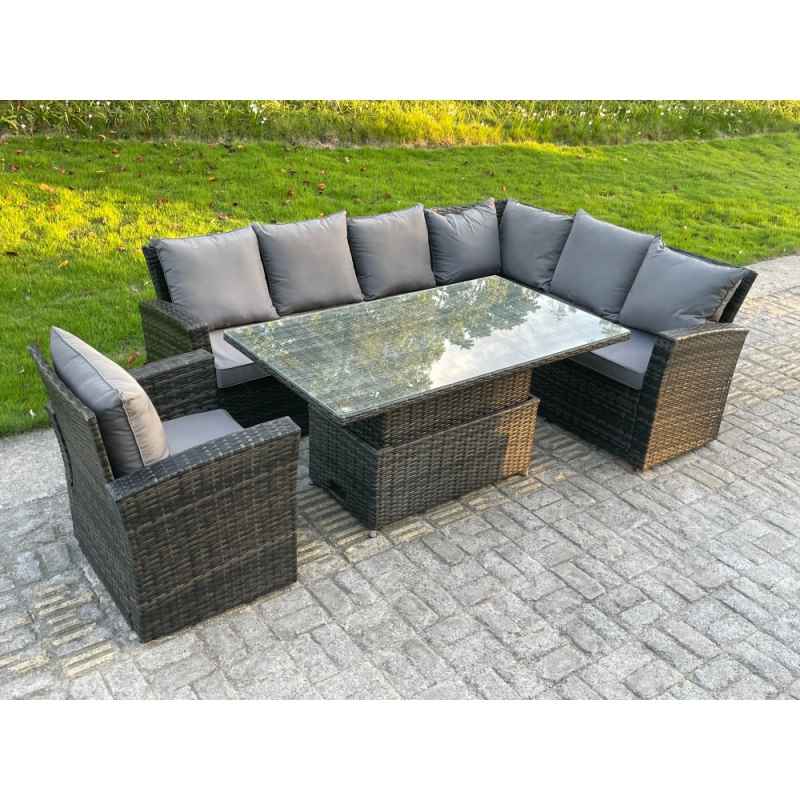 Fimous High Back PE Rattan Corner Sofa Set Garden Furniture Adjustable Rising Lifting Table Set With Armchair
