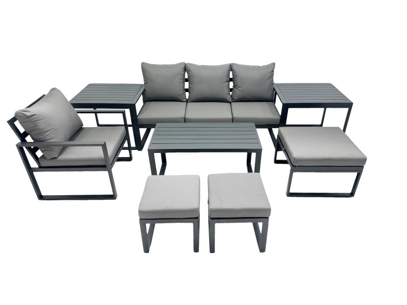 Fimous 7 Seat Outdoor Garden Furniture Set Aluminium Lounge 3 Seat Sofa Oblong Coffee Table Sets with Chair 3 Stools 2 Side Tables Dark Grey