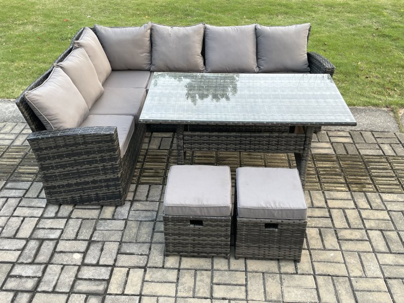 Fimous 8 Seater Garden Rattan Furniture Corner Dining Set with 2 Small Footstools Indoor Outdoor Lounge Sofa Set
