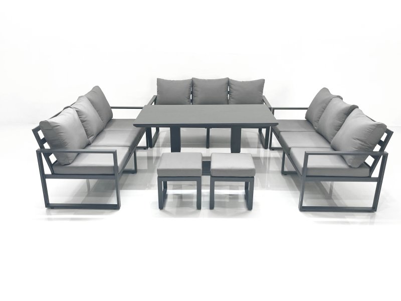 Fimous 11 Seater Garden Sofa Set Aluminium Furniture Rising Dining Tabe Set wth 2 Small Footstools Dark Grey